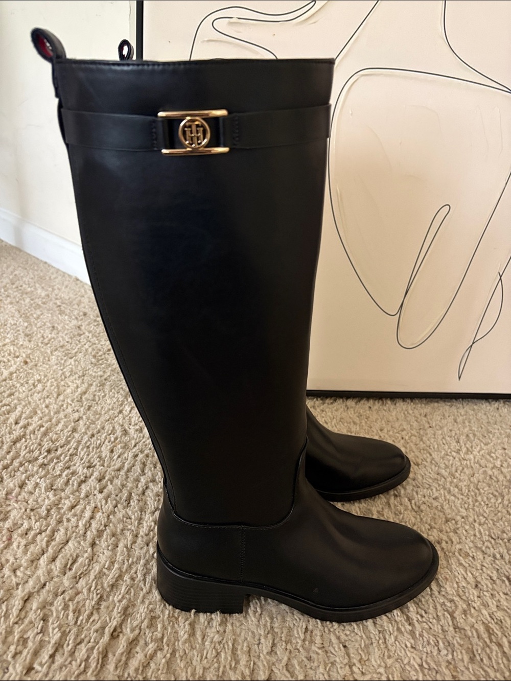 New Without Tags Tommy Hilfiger Black Tall Leather Riding Boots with Gold Logo